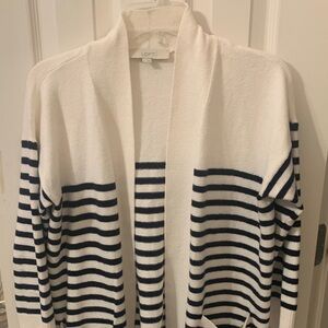 LOFT Navy and White Striped Open Cardigan